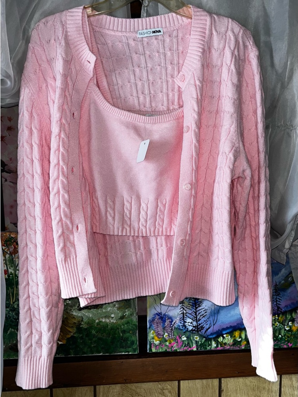 Fashion Nova Women's Pink Cable Knit Cardigan & Tank Set XL